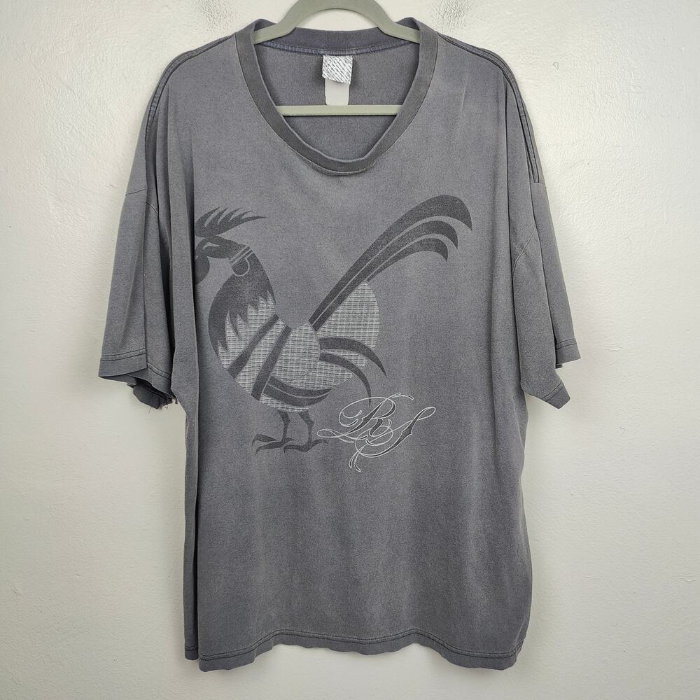 Vintage Y2K Rogue Status‎ T-Shirt Mens XL Gray Rooster Graphic Tattoo Faded Vtg